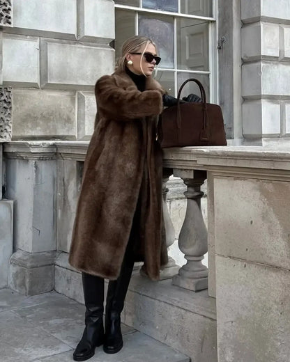 Women Luxury Brown Faux Fur Overcoat Casual Lapel Long Sleeve Fluffy Coat Winter Female Chic Thicken Warm High Street Outwear