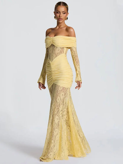 GACVGA Elegant Mesh Lace Patchwork Bodycon Maxi Dress for Women Summer Sexy Off-Shoulder Sheer Party Club Evening Long Dress