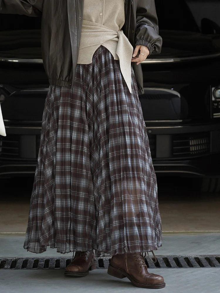 [EAM] High Elastic Waist Blue Coffee Plaid Vintage A-line Half-body Skirt Women Fashion Tide New Spring Autumn 2026 1DJ3750 - Kimlud