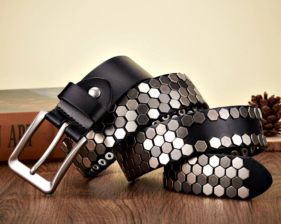 3.8cm Width Men Rivet Studded Belt Punk With Pin Buckle Belts Hip Hop Male High Quality Genuine Leather Belt Rock Strap
