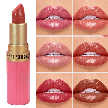 Diamond Pink Lipstick Chocolate Brown Metallic Glitter Lipstick Long-Lasting Waterproof Shimmer Pearl Sparkling Lip Gloss Makeup - Kimlud