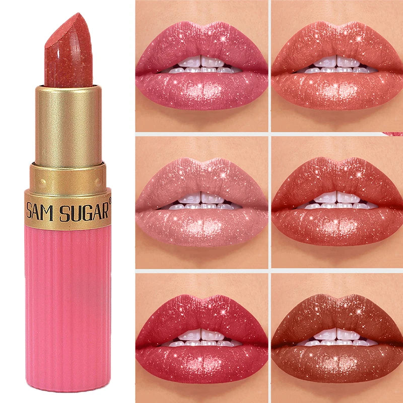 Diamond Pink Lipstick Chocolate Brown Metallic Glitter Lipstick Long-Lasting Waterproof Shimmer Pearl Sparkling Lip Gloss Makeup - Kimlud