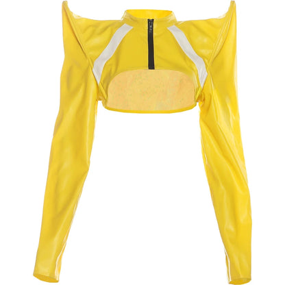 Nibber Leather Zipper Jacket Women Patchwork o-Neck Shoulder Pads Long Sleeve Sexy Midnight Moto Style Street Hipster Crop Coat