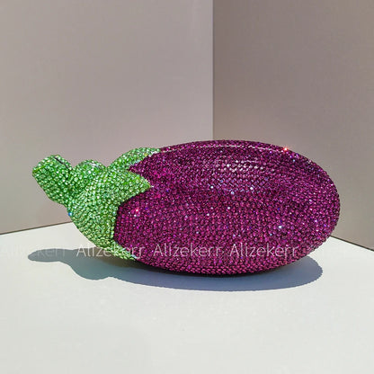 Alizekerr Eggplant Shaped Diamond Evening Bags Women Gorgeous Metallic Rhinestone Purses Ladies Unique Handbags Wedding Party - Kimlud