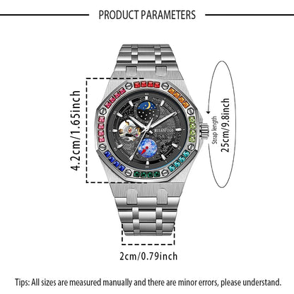 Men's fully automatic mechanical watch, night glow, sun, moon, stars, hollowed out men's watc father's day gift