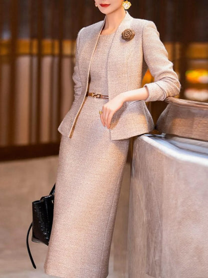 Woolen Little Fragrant Style Set for Women Fashionable and Stylish Ladies' Slimming Dress Knee Length Two Piece Set