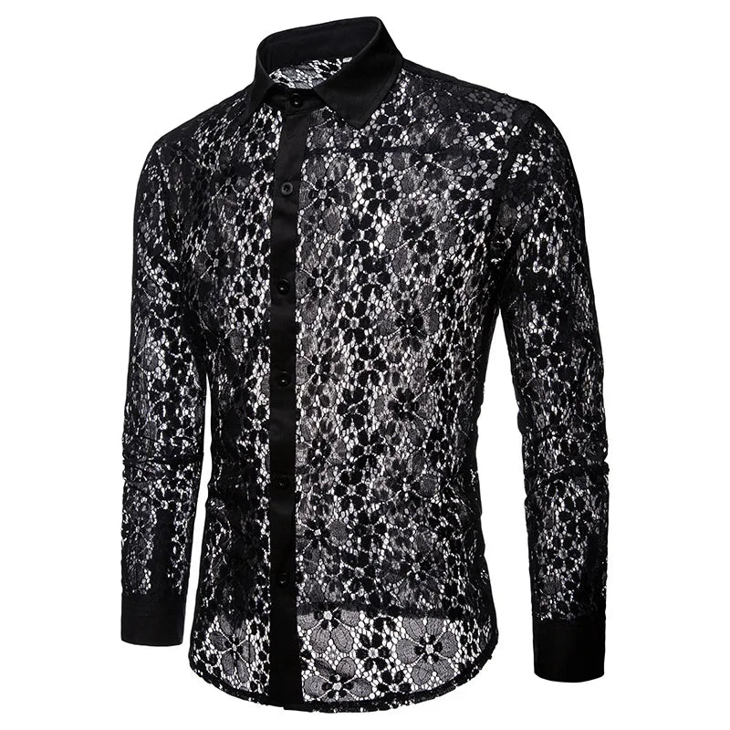 2026 Men's Lace Flowers Embroidery Long Sleeve Shirt Fashion Transparent Sexy Dress Shirts Male See Trough Club Party Tops - Kimlud
