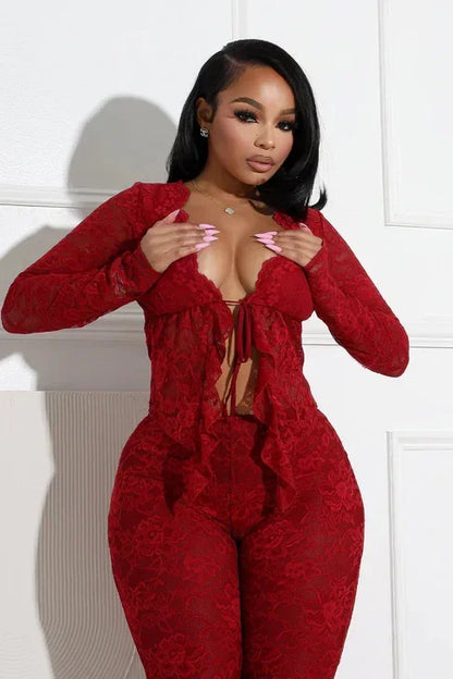 2026 Women's Set Long Sleeve Lace See Through Shirt + Long Pants Street Evening Sexy Two 2Piece Sets Outfits Tracksuit |...