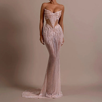 Ofherown Silver Sequin Cutout Evening Dress Strapless Beaded Mesh Mermaid Floor Length Formal Prom Gown Red Carpet Custom Made