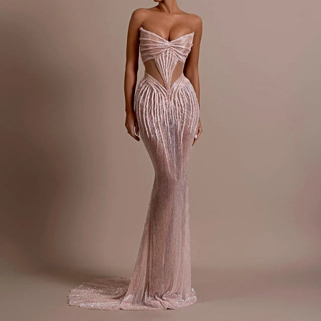 Ofherown Silver Sequin Cutout Evening Dress Strapless Beaded Mesh Mermaid Floor Length Formal Prom Gown Red Carpet Custom Made