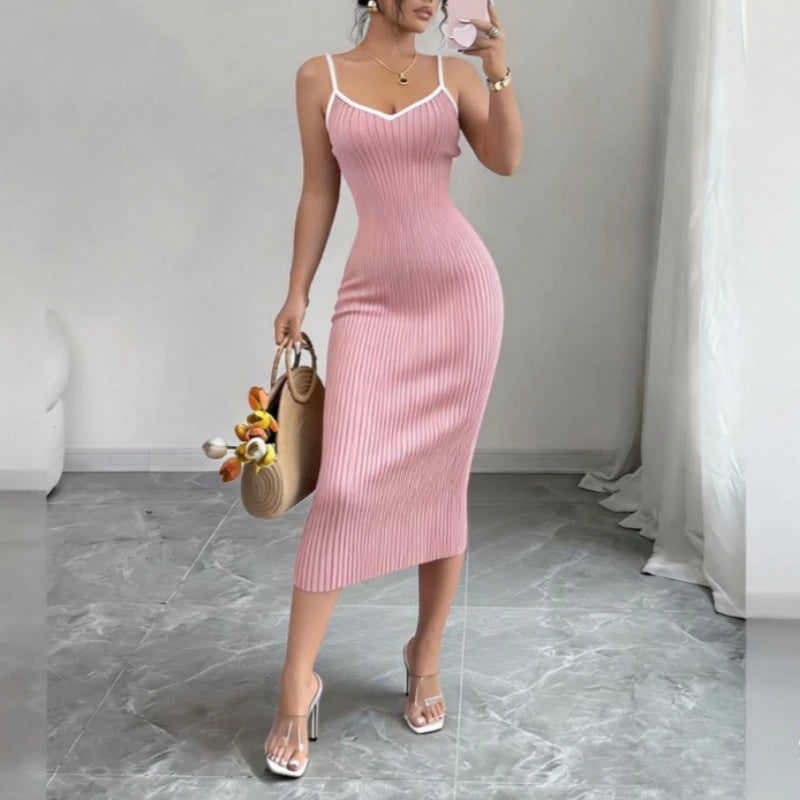 Women's Pink Spaghetti Strap Sleeveless Stretchy Sundress Knit Bodycon Midi Dress Sexy Summer Beach Vacation Party Long...