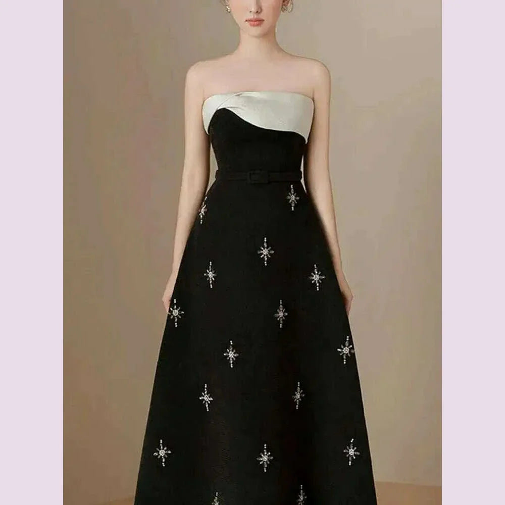 DEAT Elegant Dress Spliced Diamonds Contrast Color Strapless Sleeveless Women's Party Dresses 2024 Autumn New Fashion 15C159