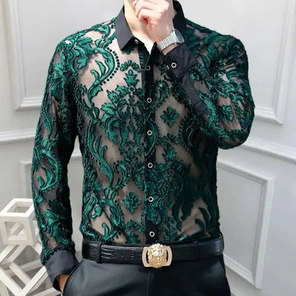 3 Colours Soft Velvet Slim-fit Men Clothing Nightclub long sleeved Sexy Polo See Through High Quality Transparent Floral Polo - Kimlud