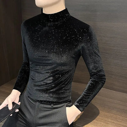 Gold Velvet Men's Long-sleeved T-shirt New Autumn and Winter Half Turtleneck Top Starry Sky Mid-collar Bottoming Shirt |...