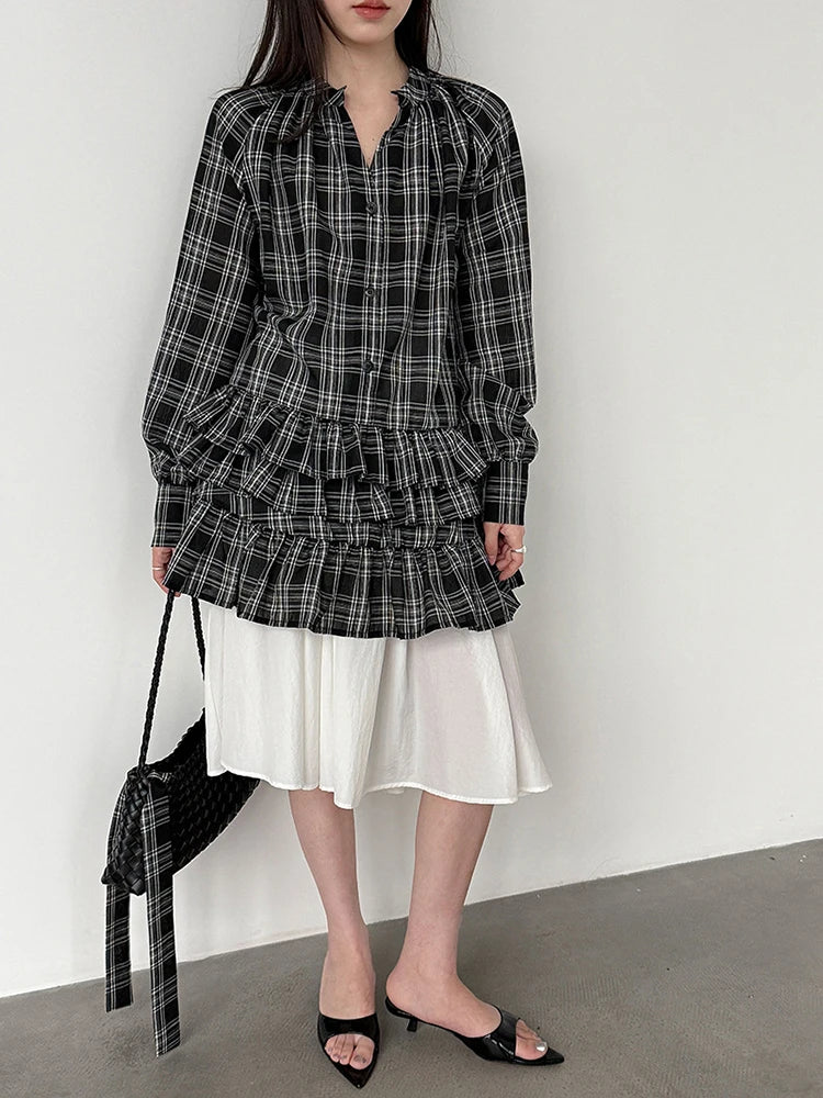 [EAM] Women Black Plaid Ruffles Big Size Elegant Blouse New V-neck Long Sleeve Shirt Fashion Tide Spring Autumn 2026...