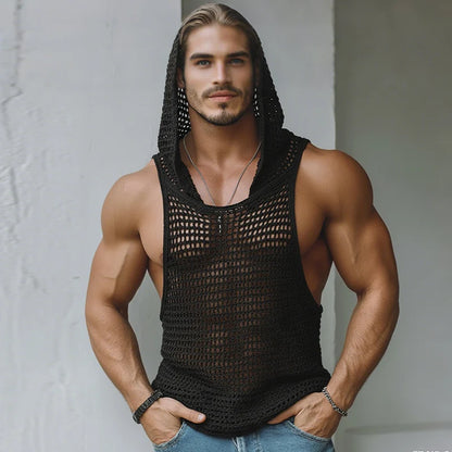 INCERUN Men Tank Tops Mesh Hollow Out Sexy See Through Hooded Sleeveless Male Vests Solid Streetwear Fashion Men Clothing S-3XL - Kimlud