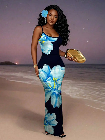 Womens Floral Print Elegant Waist Cinched Long Strap Dress For Party,Summer Dresses For Women