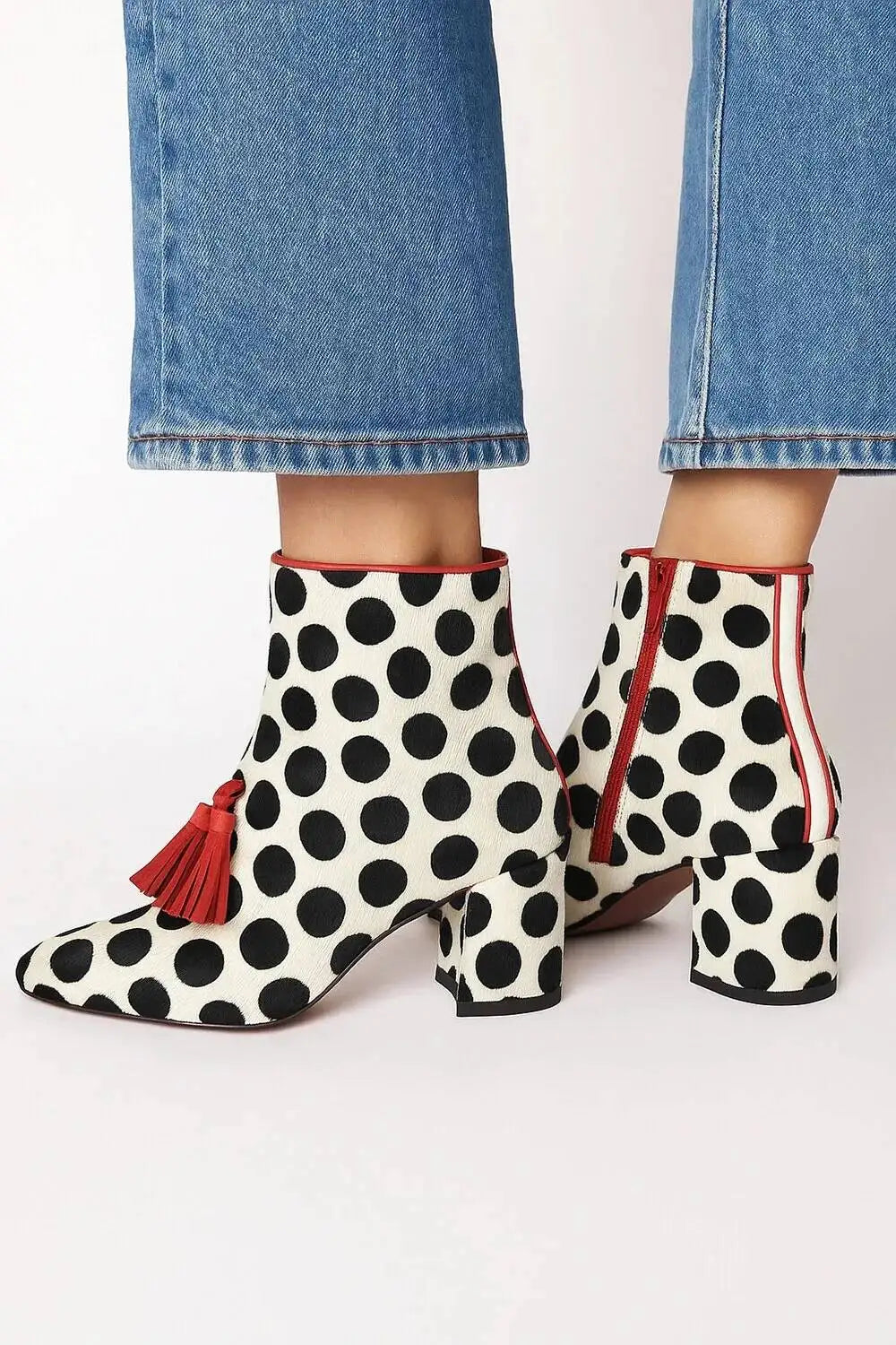 Polka Dot Pattern Tassel Pointed Toe Chunky Heel Women's Ankle Boots 2025 New Fashion Boots Shoes | Kimlud Office...