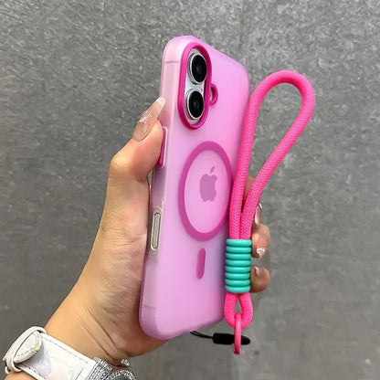 For Magsafe Candy Color Contrast Lanyard Case For iPhone 16 15 17 Pro Max 14 Plus 11 12 13 16e Hand Wrist Strap Matte Soft Cover - Kimlud