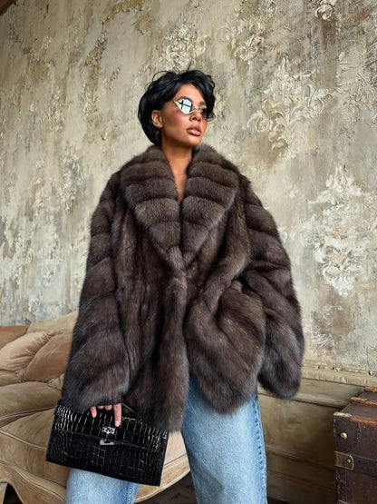 Women Elegant Fake Fur Coat Bell Sleeve Lapel Suede Surface Girdle Coats Unique Luxury Temperament 2025 New Winter High Street
