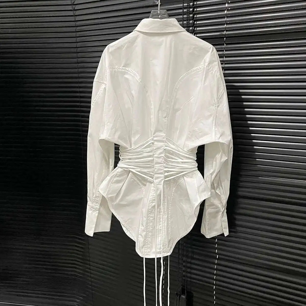 DEAT Fashion Women's Waist Strap Shirt For Women Niche Design Solid Color Long Sleeve Shirt Top Female 2024 Autumn New 11A01701