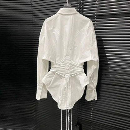 DEAT Fashion Women's Waist Strap Shirt For Women Niche Design Solid Color Long Sleeve Shirt Top Female 2024 Autumn New 11A01701