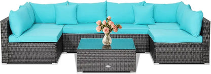 7 Pieces Patio Furniture Set, Patiojoy All-Weather Outdoor Rattan Sectional Sofa Set with Cushions and Tempered Glass Coffee Ta - Kimlud