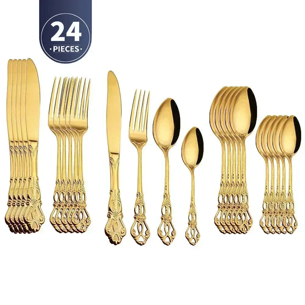 Golden Stainless Steel Cutlery Set Royal European Spoon Fork Complete Tableware Retro Design Dishwasher Safe Elegant...