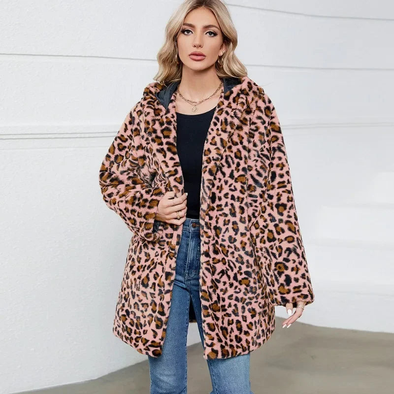 ZXRYXGS 2025 New Fashion Autumn Winter Coats Loose Medium Length Jackets Leopard Print Imitation Fur Coat Women's Clothing Tide