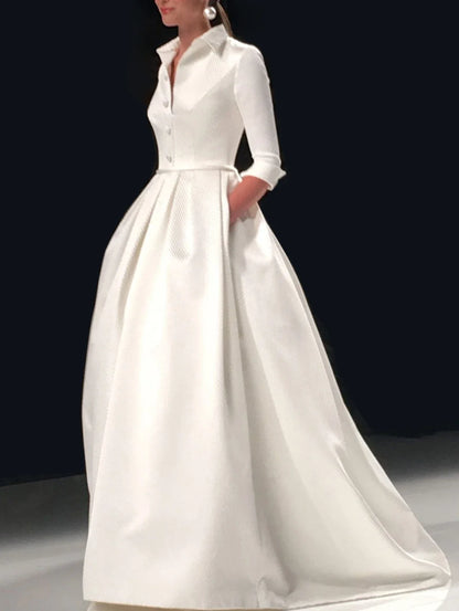 Fashion Elegant Long Dress for Women Solid Color Party Evening Bridesmaid Pockets Turndown Collar Maxi Dress Vestidos de gala - Kimlud