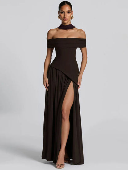 Mozision Off-shoulder Backless Sexy Maxi Dress Women Fashion Strapless Sleeveless Pleated Thigh High Split Club Party Long Dress