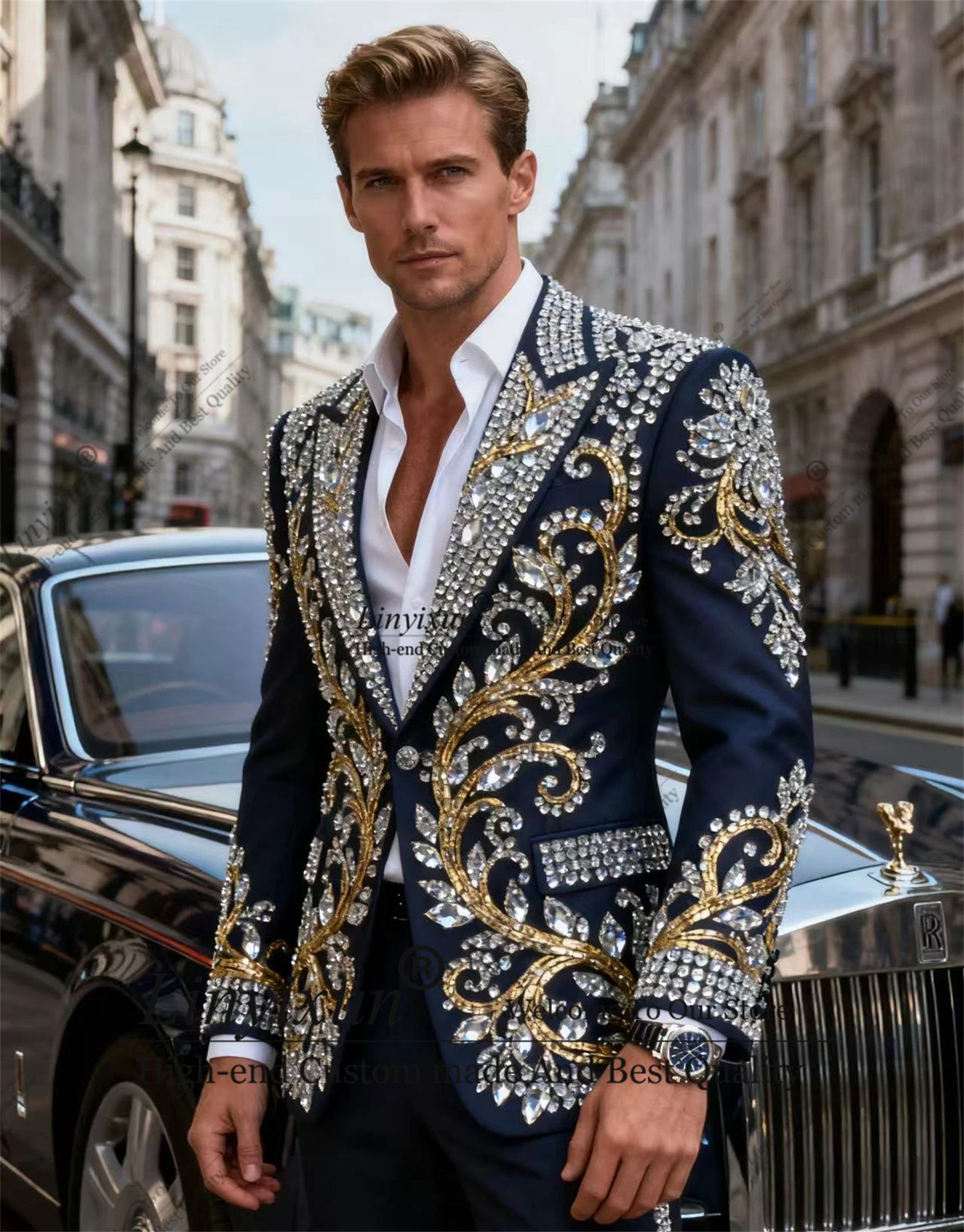 High-end Rhinestone Men Suits Customized Fashion Groom Tuxedo 2 Pieces Sets Male Prom Blazers Slim Fit Wedding Ropa hombre - Kimlud