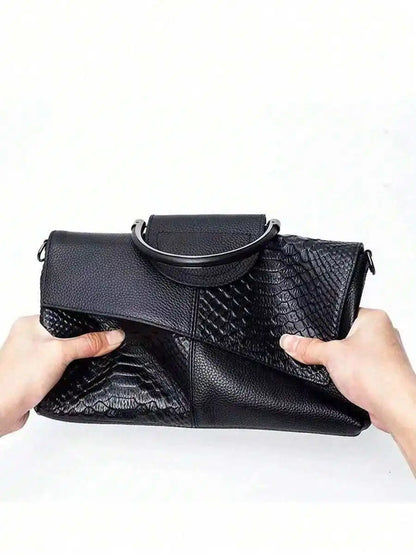 Black PU Croc-Texture Patchwork Clutch with Top Handle for Evening Events