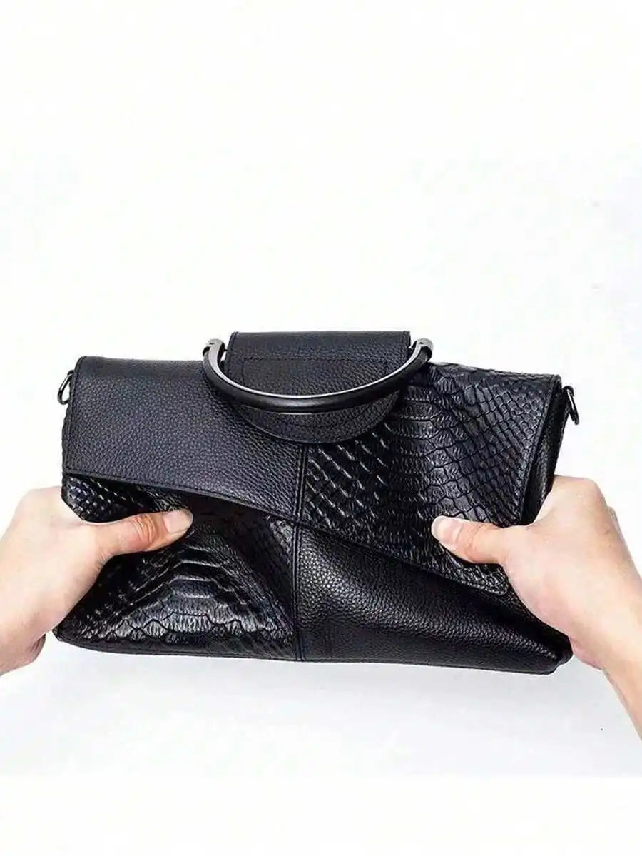 Black PU Croc-Texture Patchwork Clutch with Top Handle for Evening Events