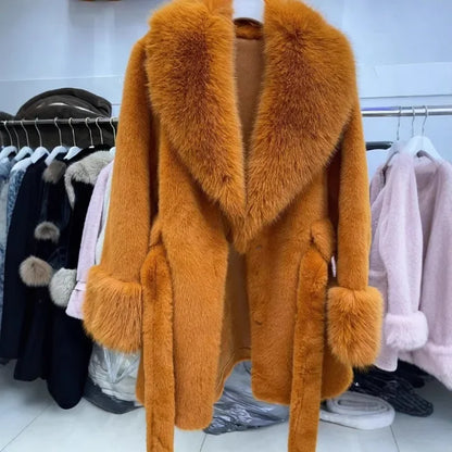 Luxury Vintage Faux Fur Coat Women Fur Collar Long Sleeve with Belt Oversized Fur Jacket Warm Thick Winter Cardigan Lady's Coats