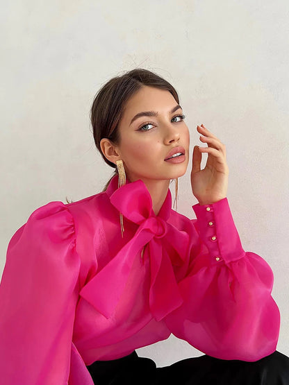 Women's See-through Chiffon Fashion Shirt Lace-up Bow Neck Puff Long Sleeve Loose Autumn Streetwear Elegant Office Ladies Blouse