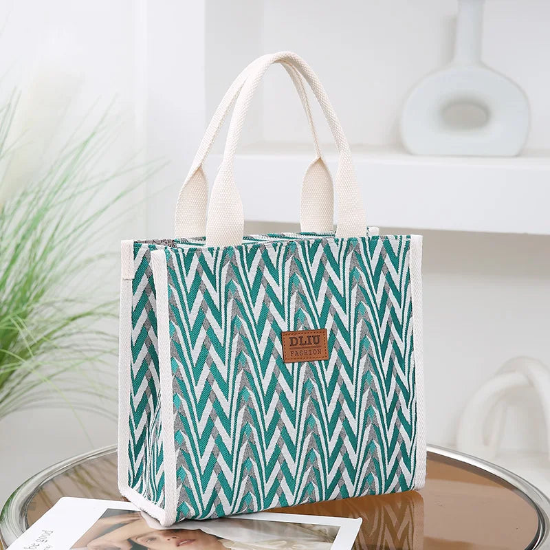 Chevron Pattern Canvas Tote Bag, Retro Letter Patch Decor Handbag, Women's Causal Shopper & Commuter Bag