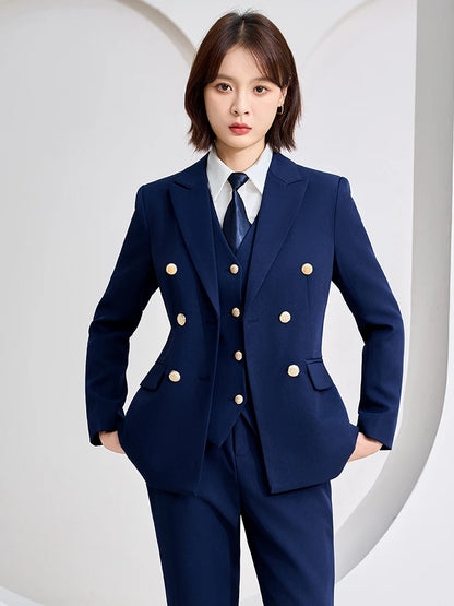 Autumn Winter Women Vest Blazer and Pant Suit Orange Navy Khaki Office Ladies Formal Business Work Career Wear 3 Pieces Set