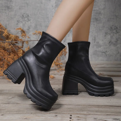 Women New Fashion Short Boots Women Sexy Leather Boot Square toe casual Zipper high heels Casual thick soled women shoes...