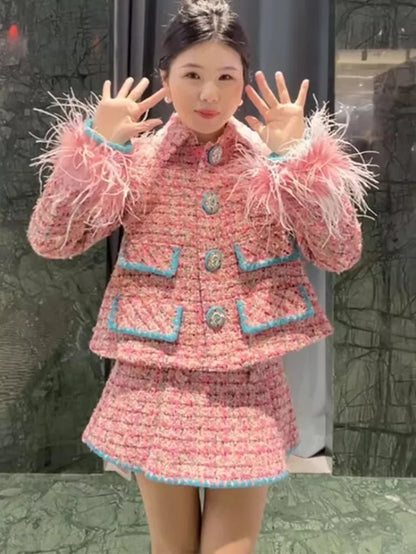 Women Auutmn Winter Sweet Feather Single Breasted Tweed Short Jacket High Waist A-Line Skirt Offce Ladies Fashion Two Piece Set