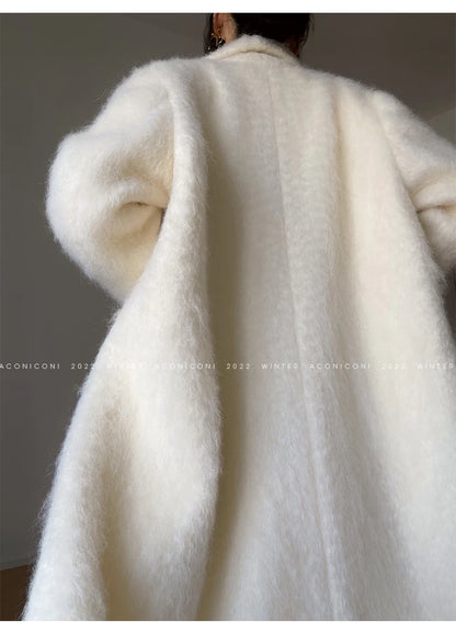Lautaro Winter Long Vintage White Thick Warm Fluffy Wool Blends Coat Women Double Breasted Elegant Luxury Designer...
