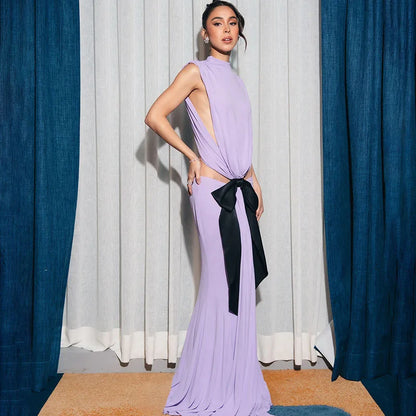 Sexy Elegant Backless Bow Lace Up Maxi Dress Women Sleeveless Hollow Out Party Evening Long Dresses White Purple Robes