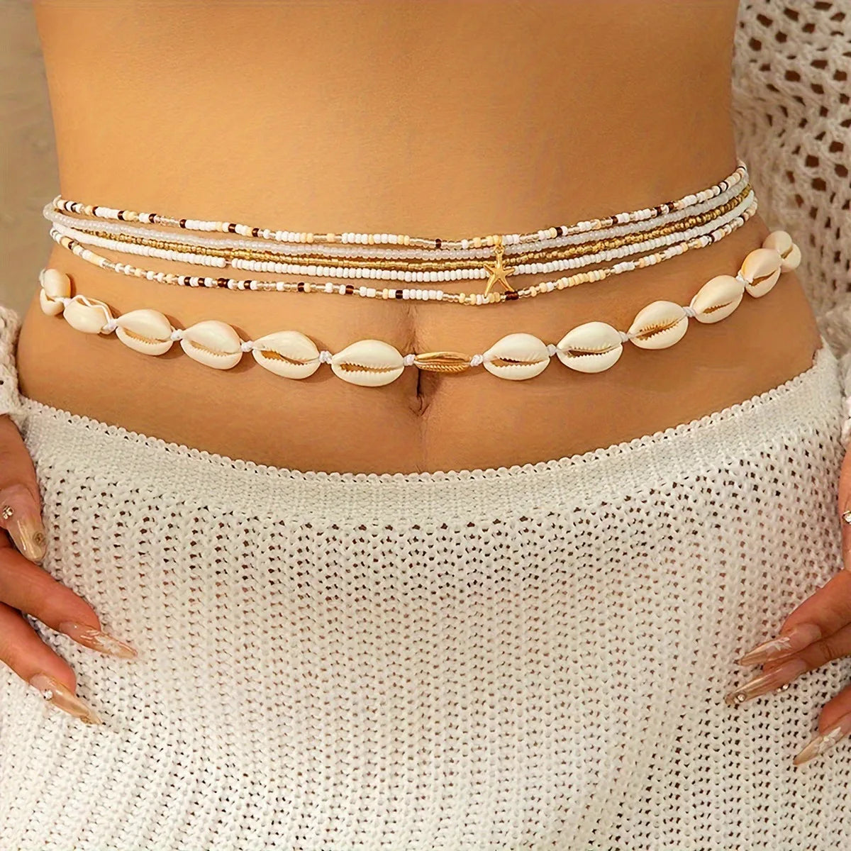 6Pcs Boho Starfish Pendant Seed Bead Beaded Waist Chain for Women Girls Beach Bikini Elastic Belly Belt Body Jewelry Accessories - Kimlud