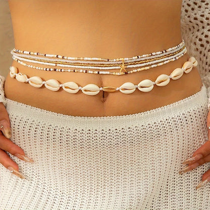 6Pcs Boho Starfish Pendant Seed Bead Beaded Waist Chain for Women Girls Beach Bikini Elastic Belly Belt Body Jewelry Accessories - Kimlud