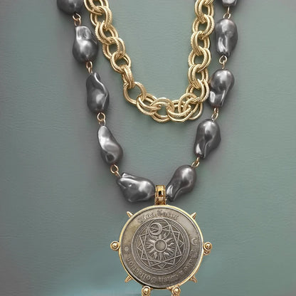 2025 chunky layer Jewelry Luxurious imitation grey pearl exaggerate coin charm pendant Clasps Carabiner Necklace...