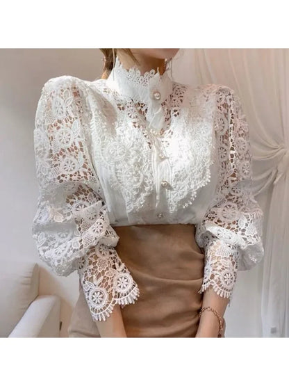 Spring Elegant Lace Office Shirt Women's Blouse Long Sleeve Button Up Blouses Tops 2025 Spring Fashion Casual Ladies Shirts Top