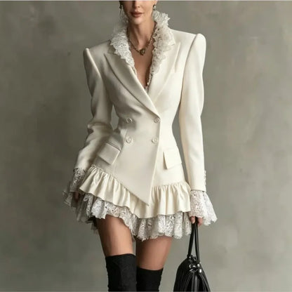 Autumn Lapel Double‑Breasted Lace Ruffle Mini Dresses Women Fashion Long Sleeve Short Dress Elegant Ladies Party...