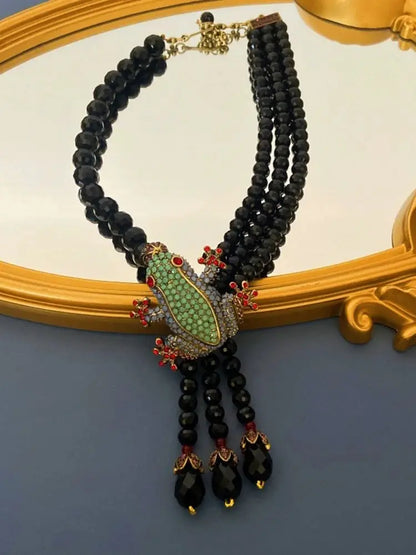 Vintage Animal Frog Rhinestone Glass Beads Necklace Earrings Palace Style Multi-layer Jewelry Sets For Women Party
