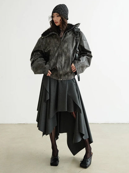 [EAM] High Waist Dark Gray Cut Style Burr Irregular Slit Half-body Skirt Women Fashion Tide New Spring Autumn 2026 1DH9336