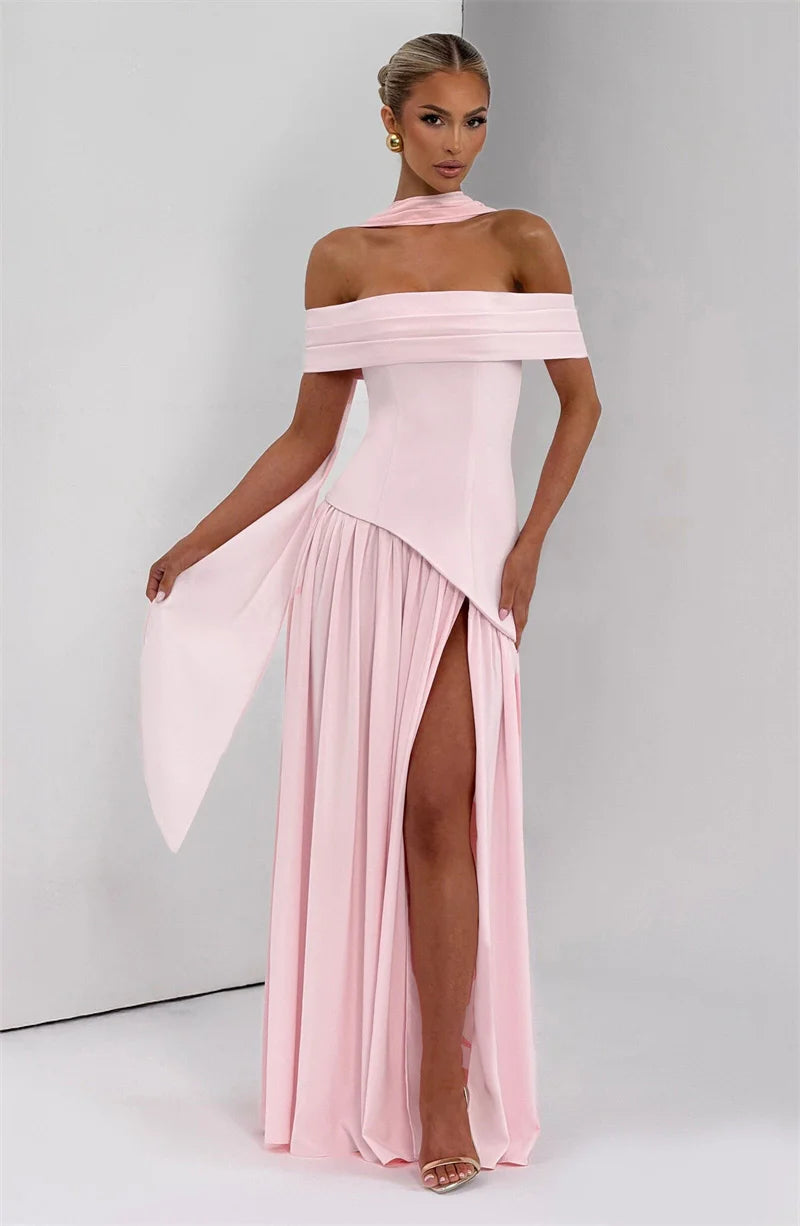 Mozision Off-shoulder Backless Sexy Maxi Dress Women Fashion Strapless Sleeveless Pleated Thigh High Split Club Party Long Dress